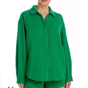 Green Boyfriend Style Silk Blouse Top Tunic Button Front XL